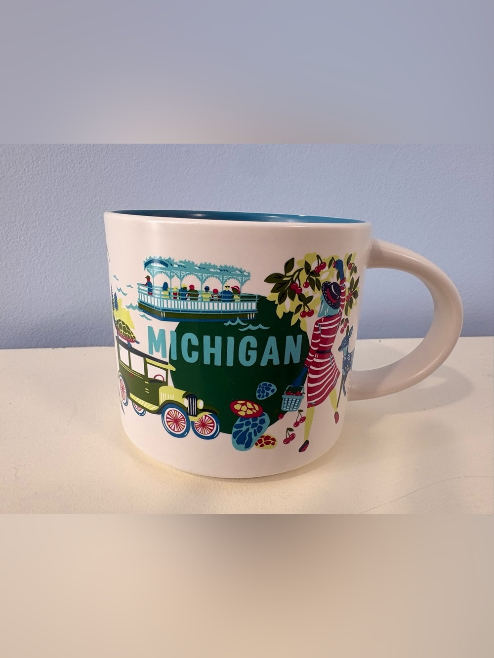 Starbucks Discovery Series Michigan Coffee Mug 14 oz Ceramic Teal Interior